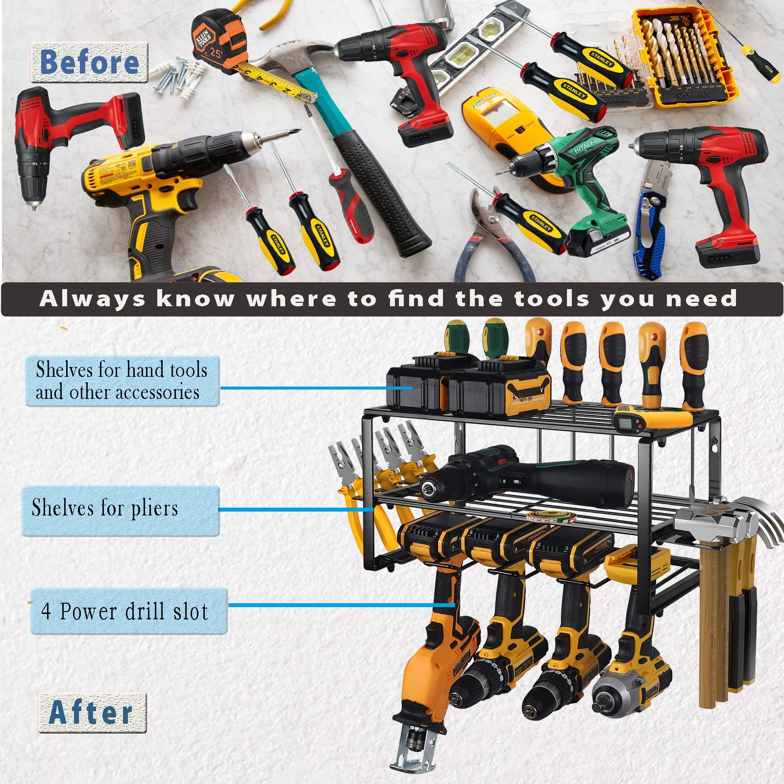 Gardening Accessories: 40cm Power Tool Organizer 4 Layers Garage Tool Storage Rack Workshop Tool Shelf Drill Pliers Hammer Rack