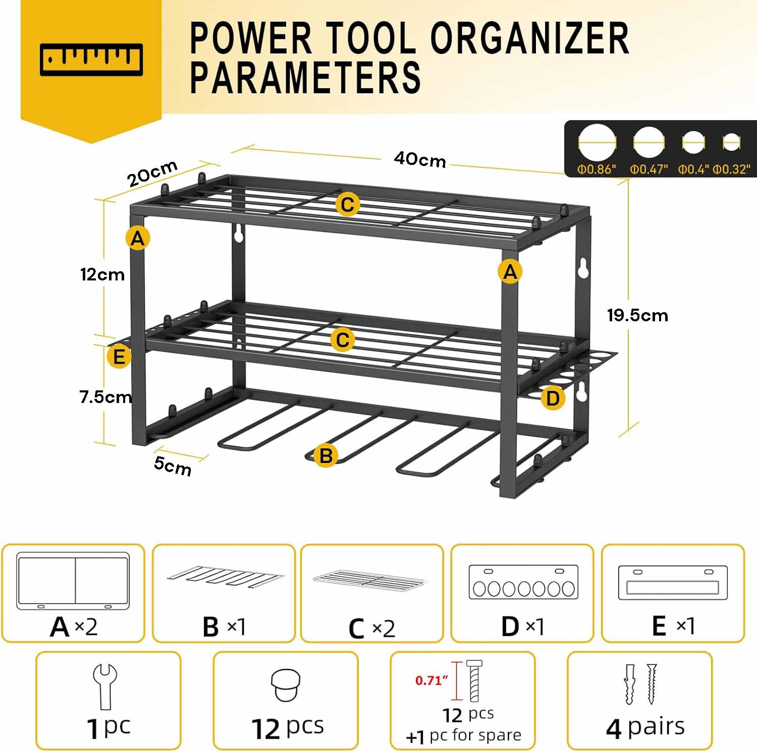 Gardening Accessories: 40cm Power Tool Organizer 4 Layers Garage Tool Storage Rack Workshop Tool Shelf Drill Pliers Hammer Rack