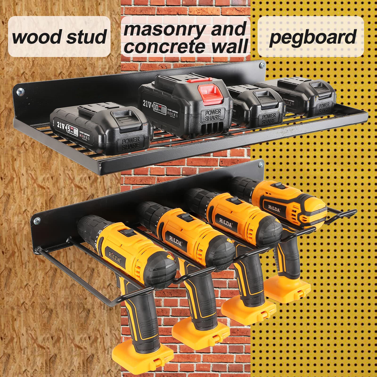 Bicycle Stands & Storage: Power Tool Organizer Drill Holder Wall Mount Garage Storage Shelves Rack Wall Storage Organizer Set