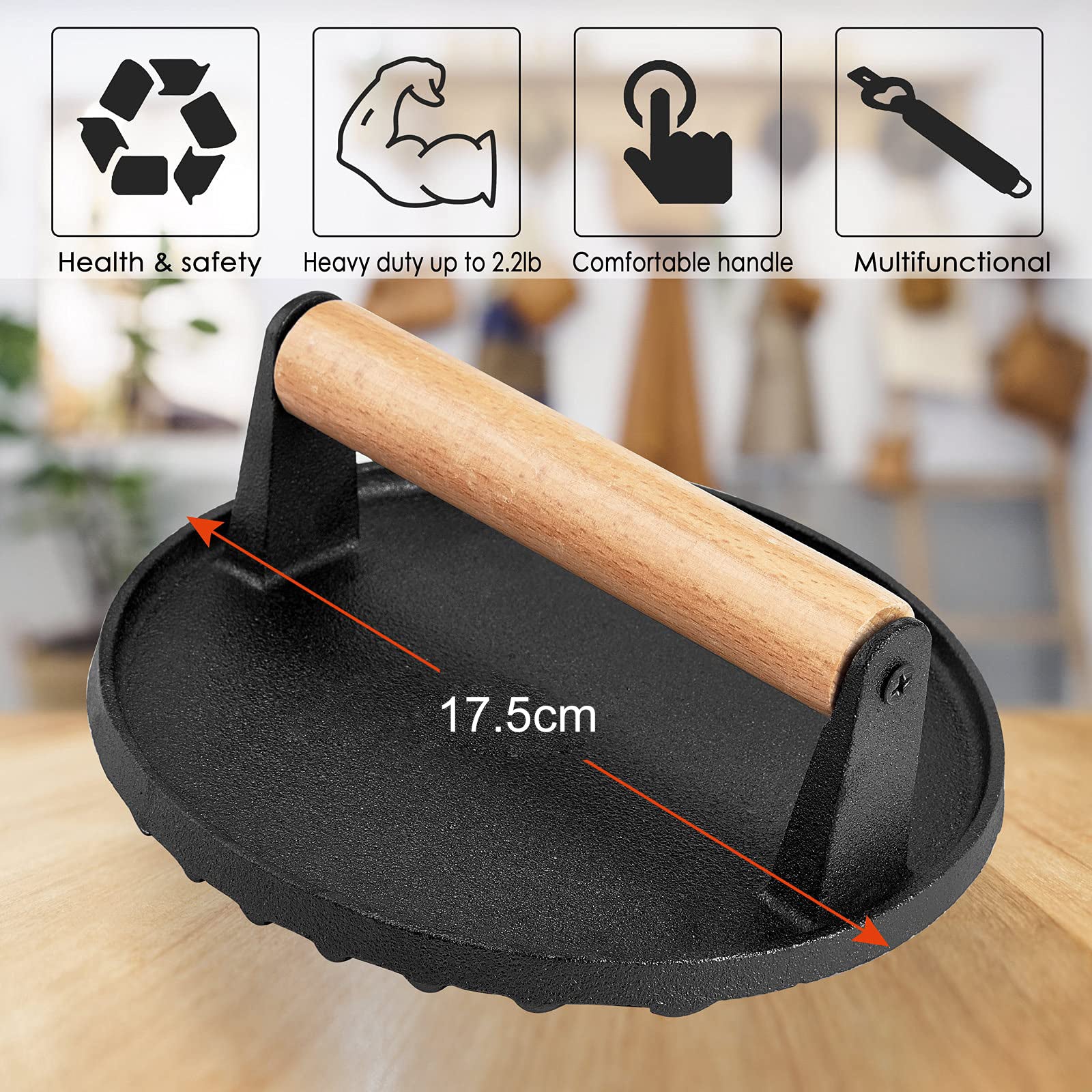 BBQ Tools: Heavy Duty Round Cast Iron Grill Burger Press Pre-Seasoned Steak Griddle BBQ Grilling