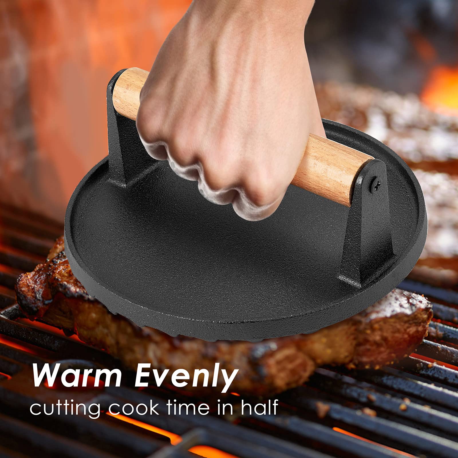 BBQ Tools: Heavy Duty Round Cast Iron Grill Burger Press Pre-Seasoned Steak Griddle BBQ Grilling