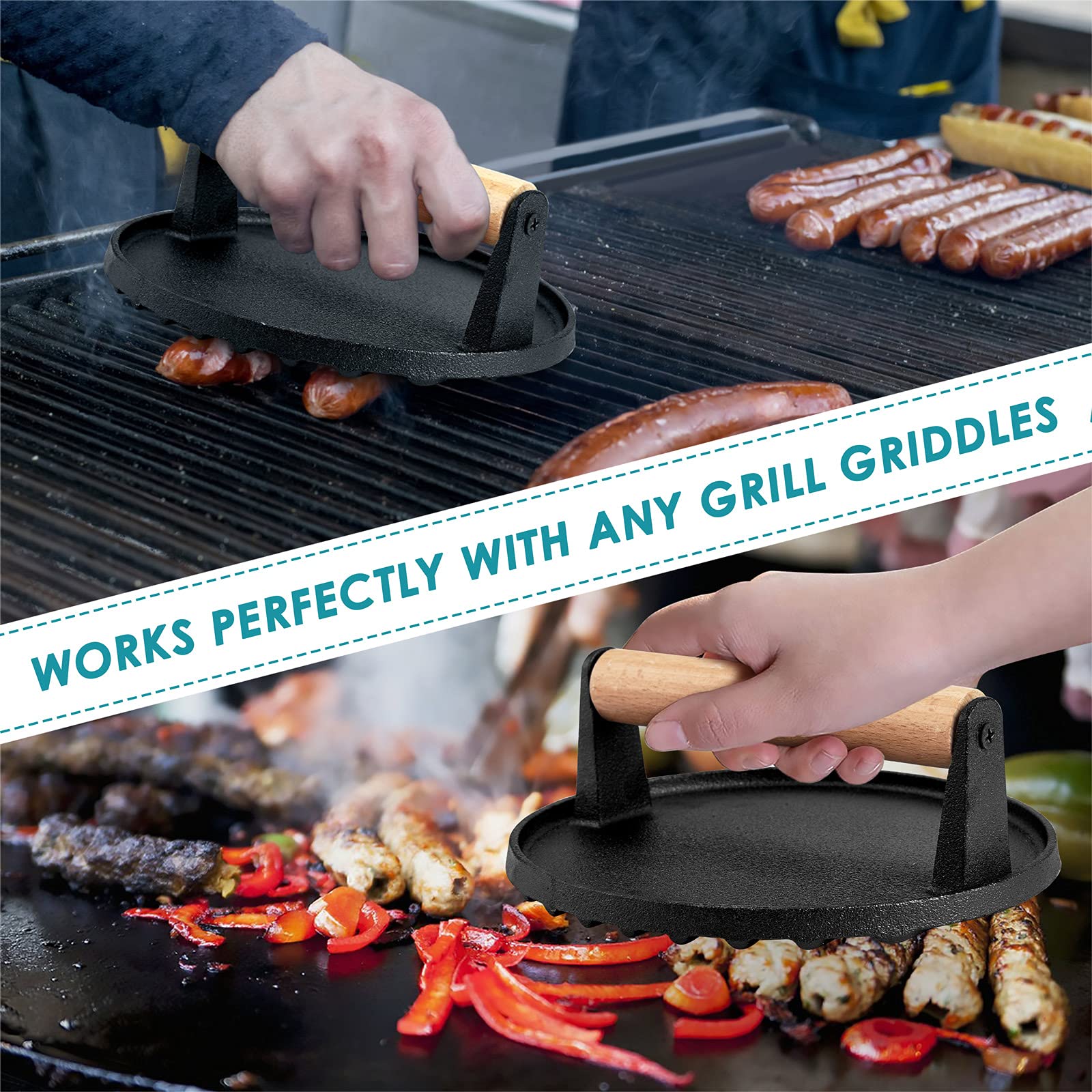 BBQ Tools: Heavy Duty Round Cast Iron Grill Burger Press Pre-Seasoned Steak Griddle BBQ Grilling