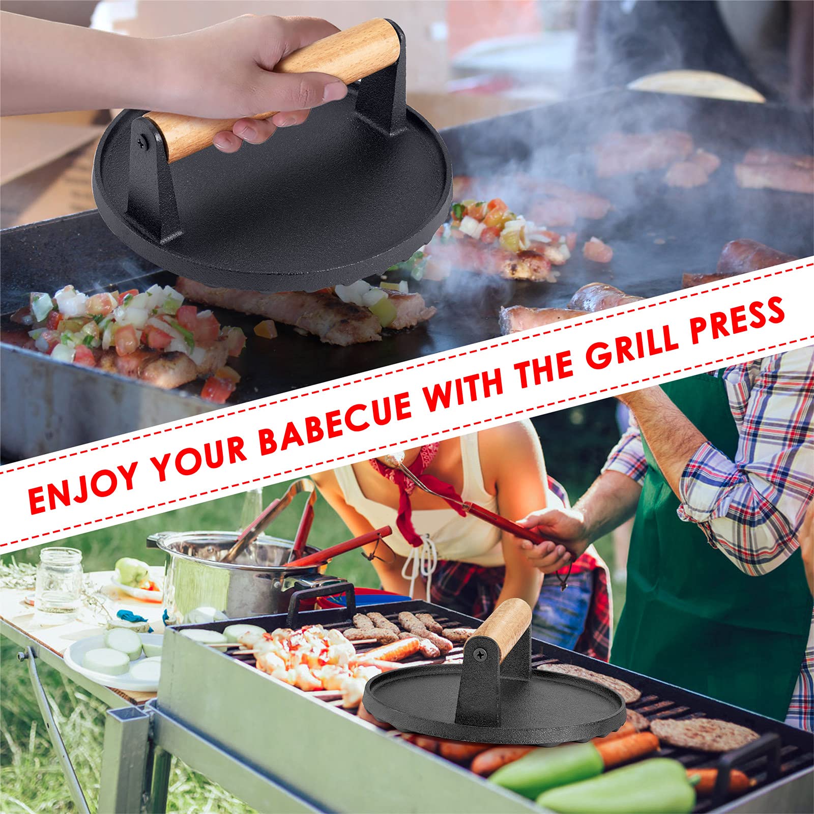 BBQ Tools: Heavy Duty Round Cast Iron Grill Burger Press Pre-Seasoned Steak Griddle BBQ Grilling