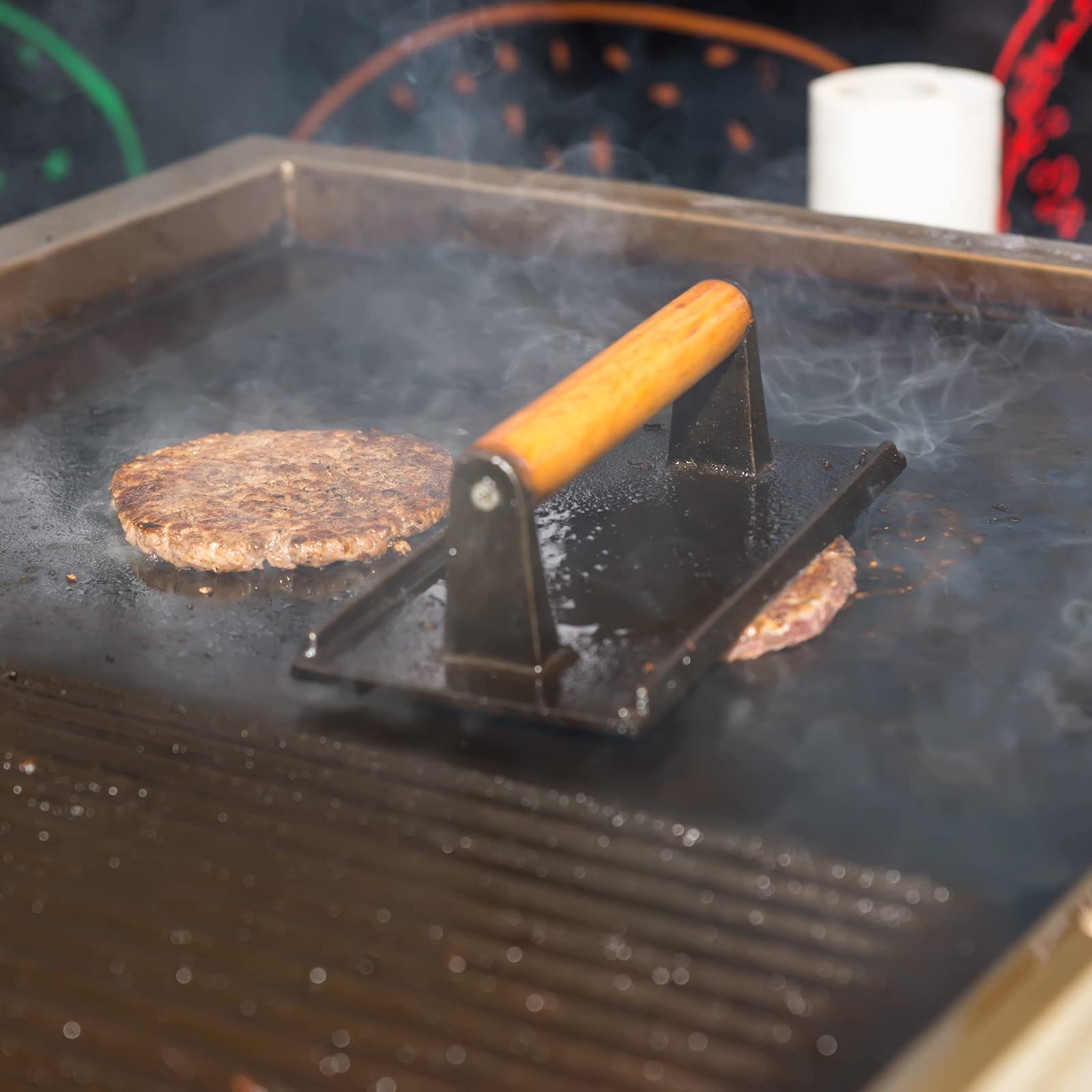 BBQ Tools: Heavy Duty Rectangular Cast Iron Grill Burger Press Pre-Seasoned Steak Griddle BBQ Grilling