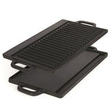 BBQ Tools: 40 cm Reversible Cast Iron Grill & Griddle -Dual-Sided (Flat & Ribbed), Pre-Seasoned, Handles, for Stove-Top & Outdoor Use