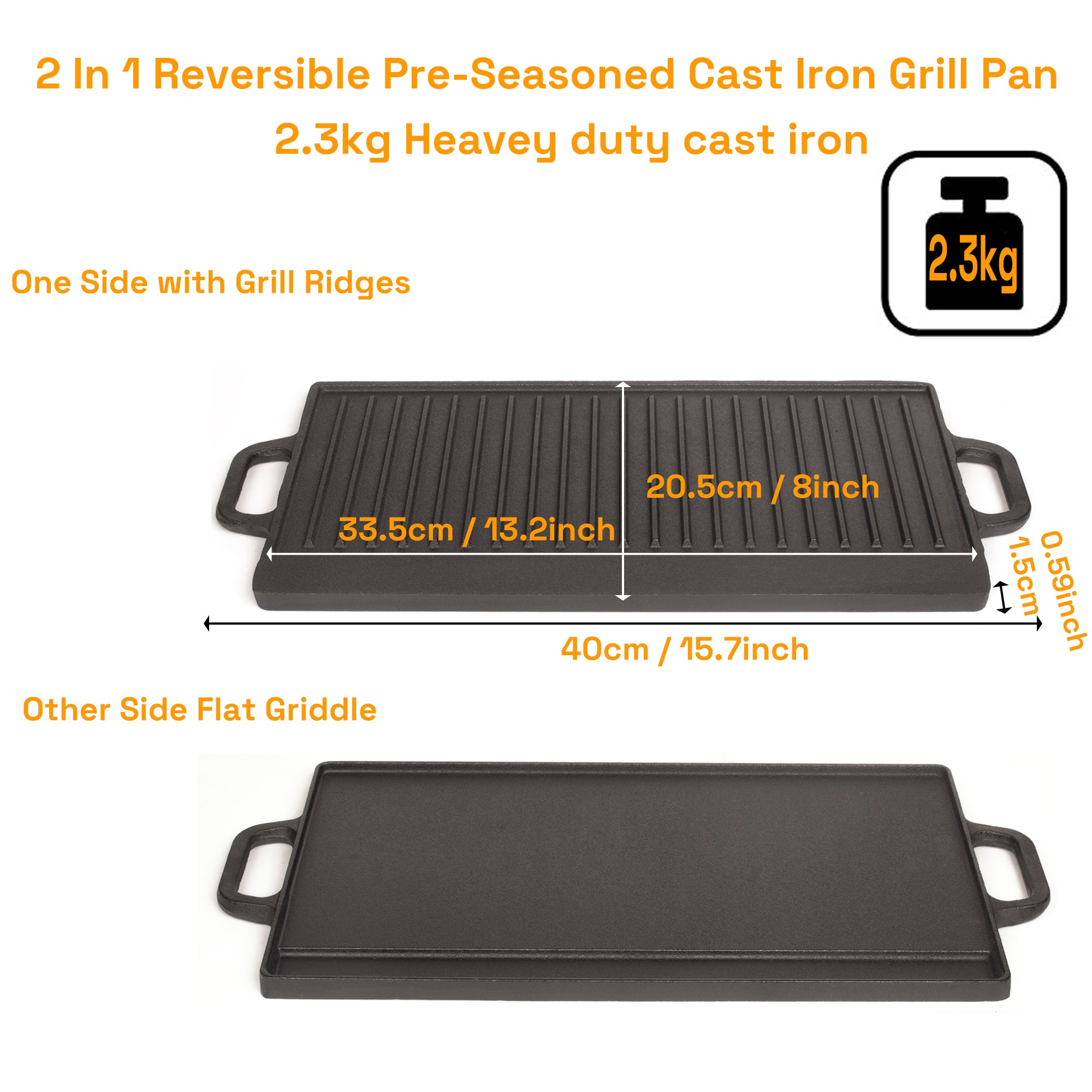 BBQ Tools: 40 cm Reversible Cast Iron Grill & Griddle -Dual-Sided (Flat & Ribbed), Pre-Seasoned, Handles, for Stove-Top & Outdoor Use