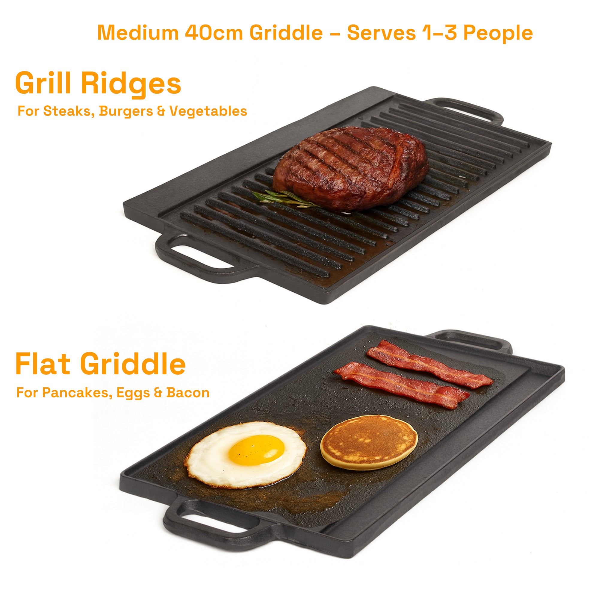 BBQ Tools: 40 cm Reversible Cast Iron Grill & Griddle -Dual-Sided (Flat & Ribbed), Pre-Seasoned, Handles, for Stove-Top & Outdoor Use