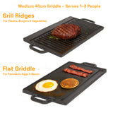 BBQ Tools: 40 cm Reversible Cast Iron Grill & Griddle -Dual-Sided (Flat & Ribbed), Pre-Seasoned, Handles, for Stove-Top & Outdoor Use