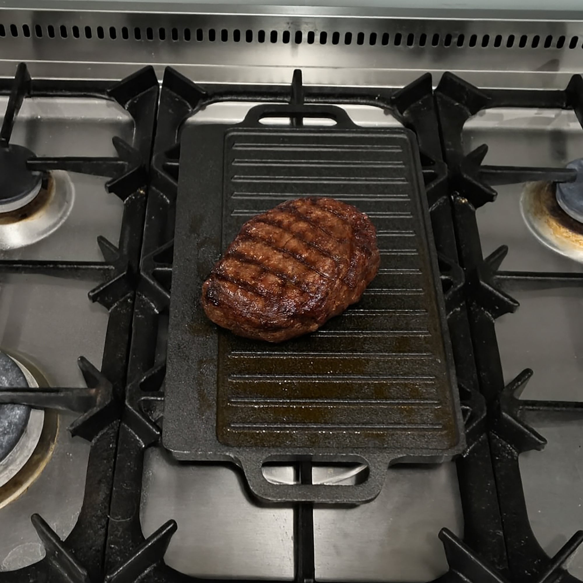 BBQ Tools: 40 cm Reversible Cast Iron Grill & Griddle -Dual-Sided (Flat & Ribbed), Pre-Seasoned, Handles, for Stove-Top & Outdoor Use