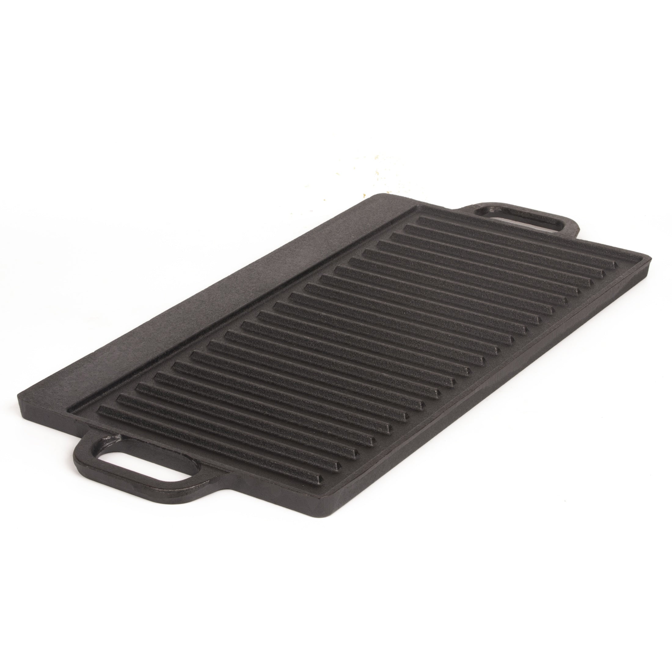 BBQ Tools: 40 cm Reversible Cast Iron Grill & Griddle -Dual-Sided (Flat & Ribbed), Pre-Seasoned, Handles, for Stove-Top & Outdoor Use