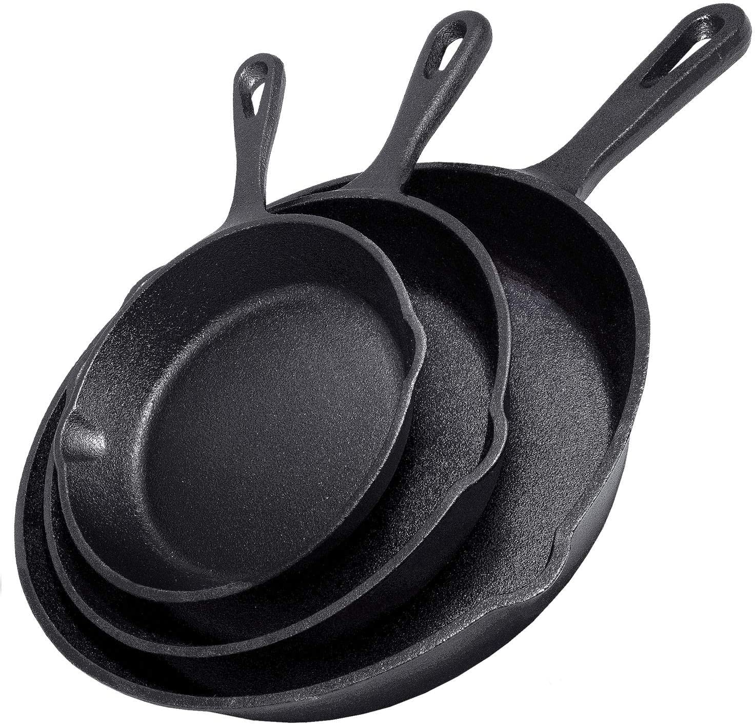 Skillets & Frying Pans: Cast Iron Skillet Cookware 3-Piece Set Chef Quality Pre-Seasoned Pan 10" 8" 6" Pans