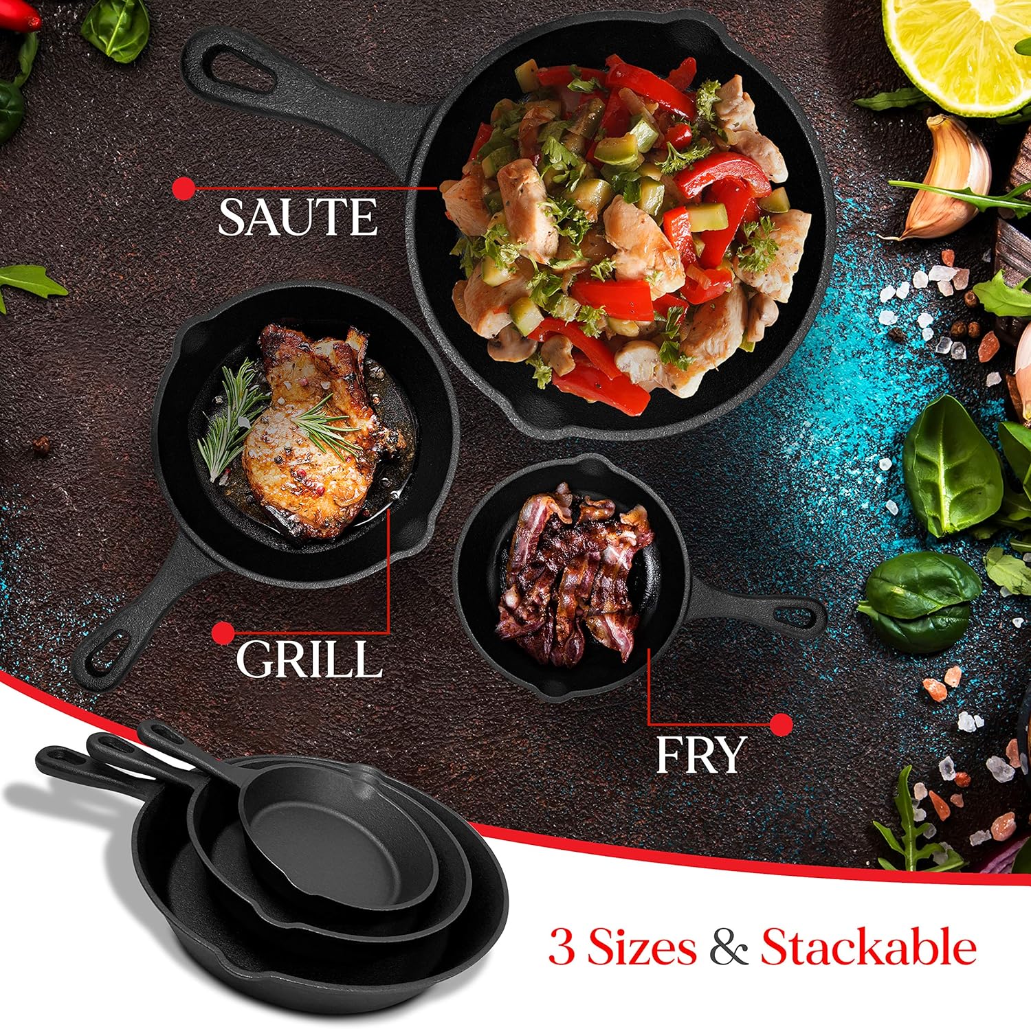 Skillets & Frying Pans: Cast Iron Skillet Cookware 3-Piece Set Chef Quality Pre-Seasoned Pan 10" 8" 6" Pans