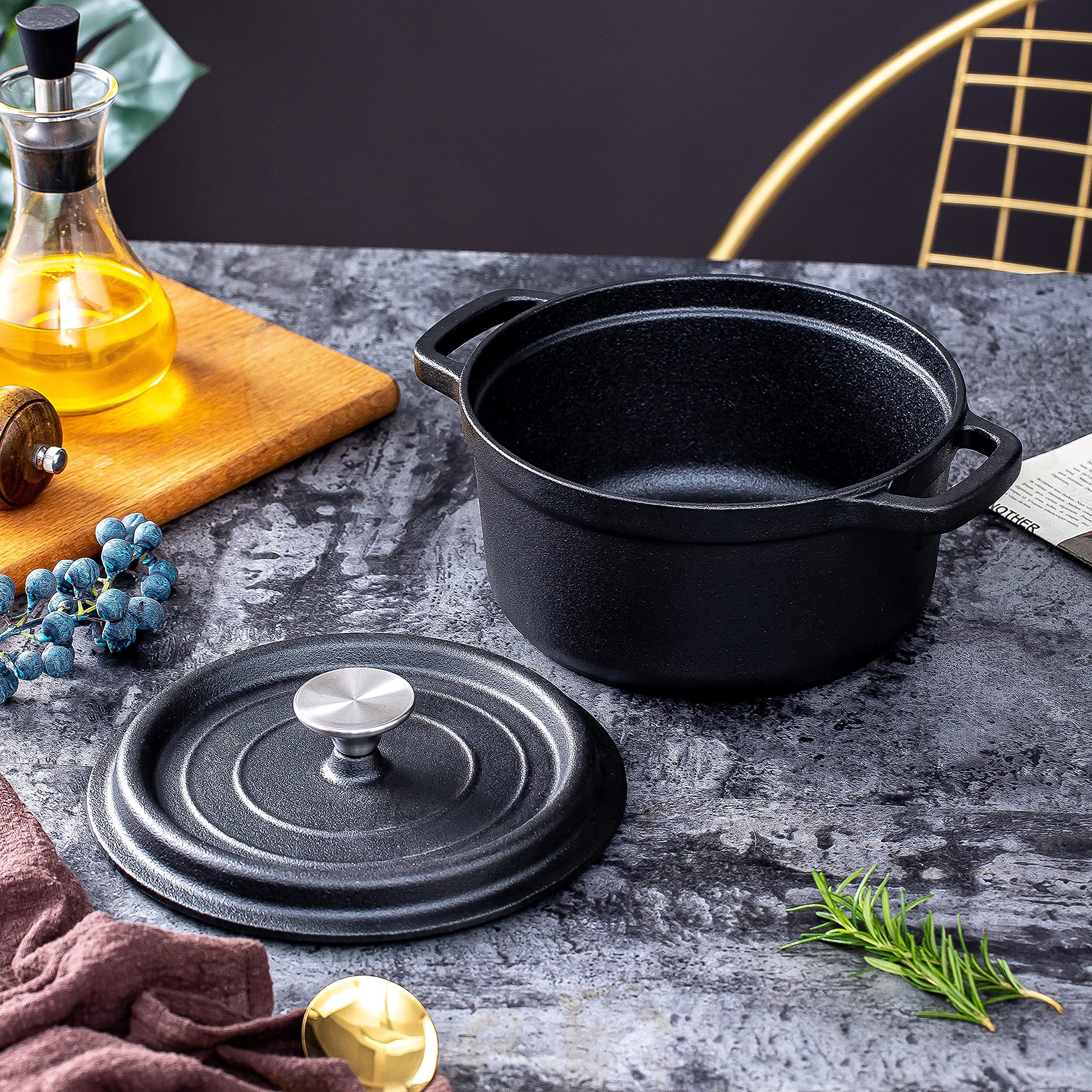 Skillets & Frying Pans: 24cm Pre-seasoned NonStick Cast Iron Dutch Oven Handles Lid Skillet Cookware Braising Pot Pan Casserole
