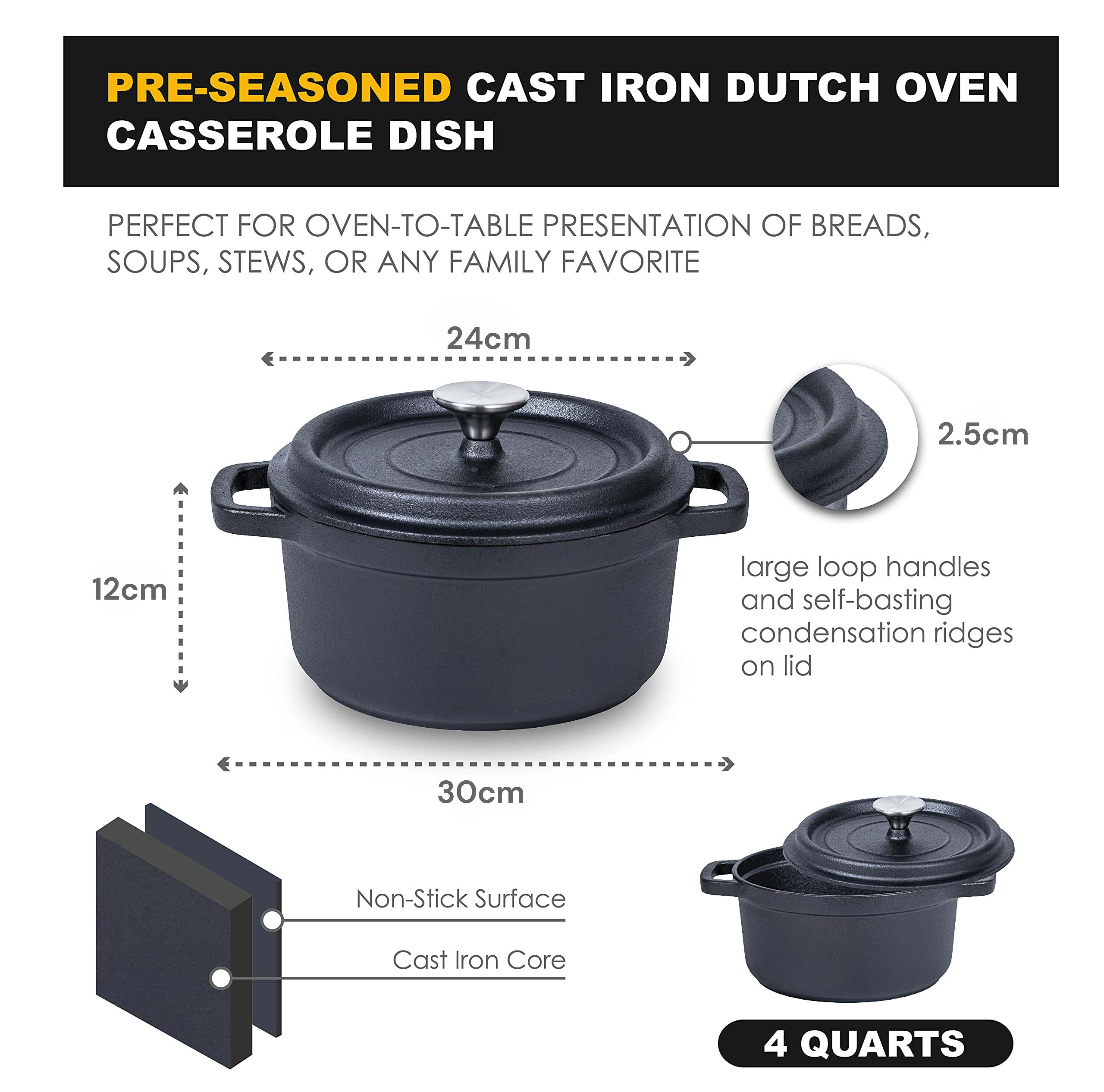 Skillets & Frying Pans: 24cm Pre-seasoned NonStick Cast Iron Dutch Oven Handles Lid Skillet Cookware Braising Pot Pan Casserole