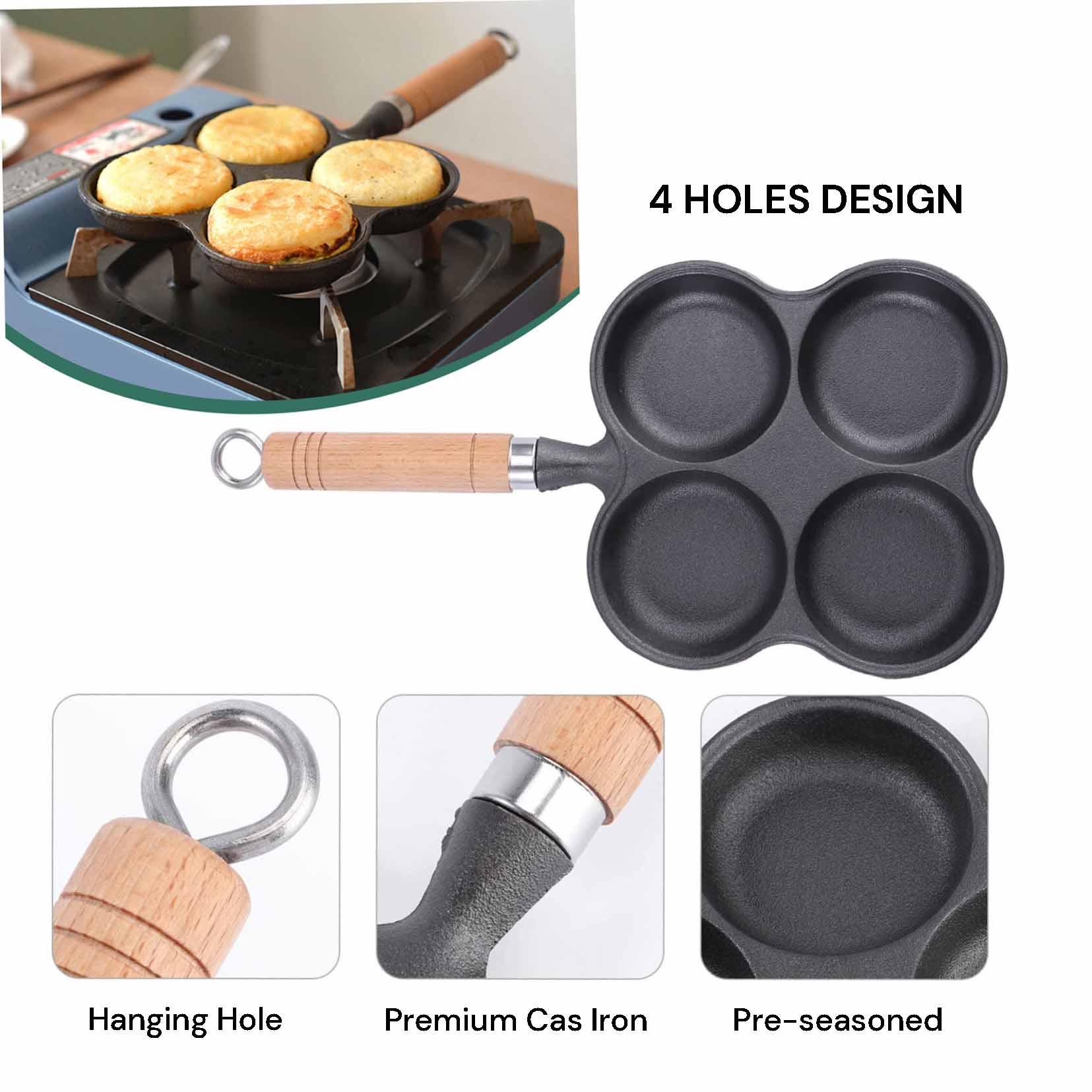 Skillets & Frying Pans: 4 Cup Cast Iron Egg Frying Pan Divided Egg Skillet Pan Fried Egg Pan Cooker Pancake Egg Fryer