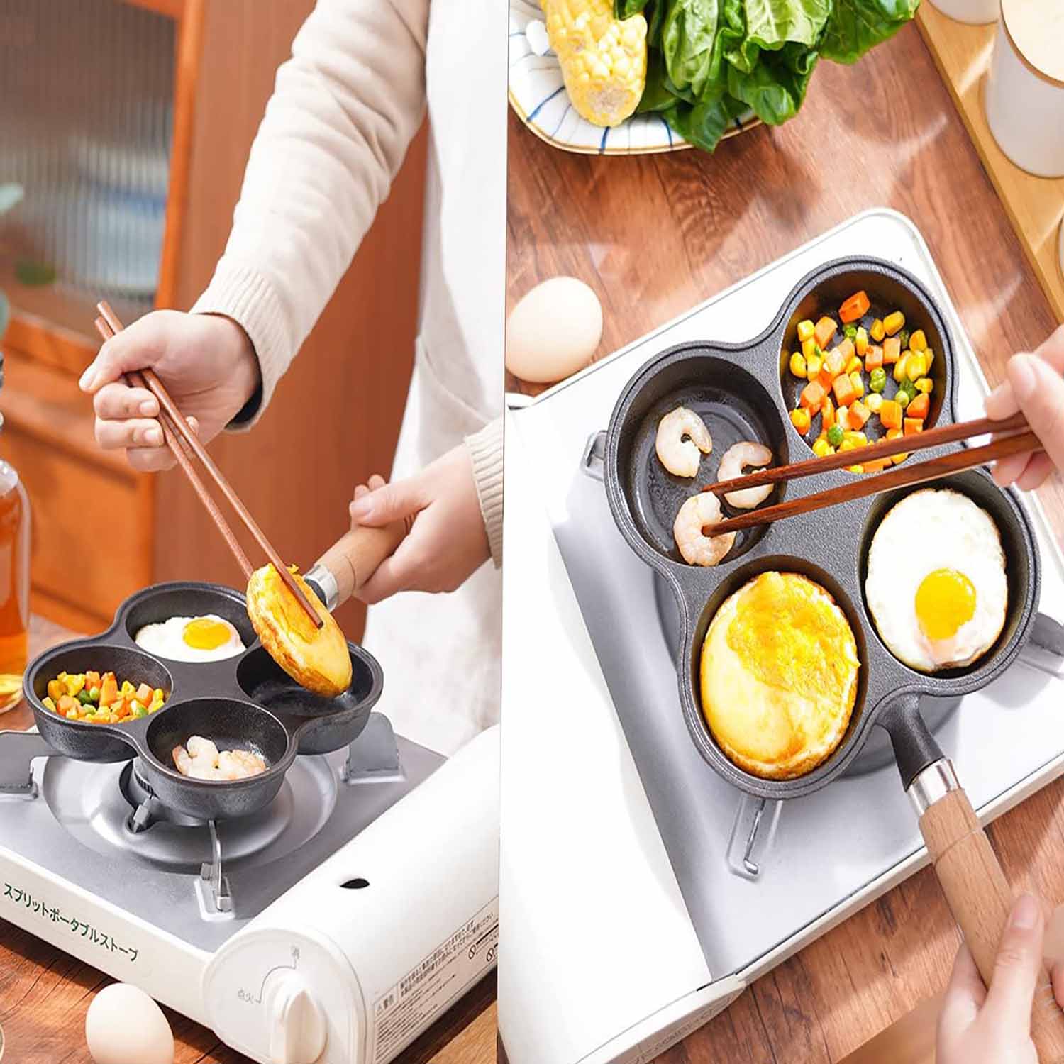 Skillets & Frying Pans: 4 Cup Cast Iron Egg Frying Pan Divided Egg Skillet Pan Fried Egg Pan Cooker Pancake Egg Fryer