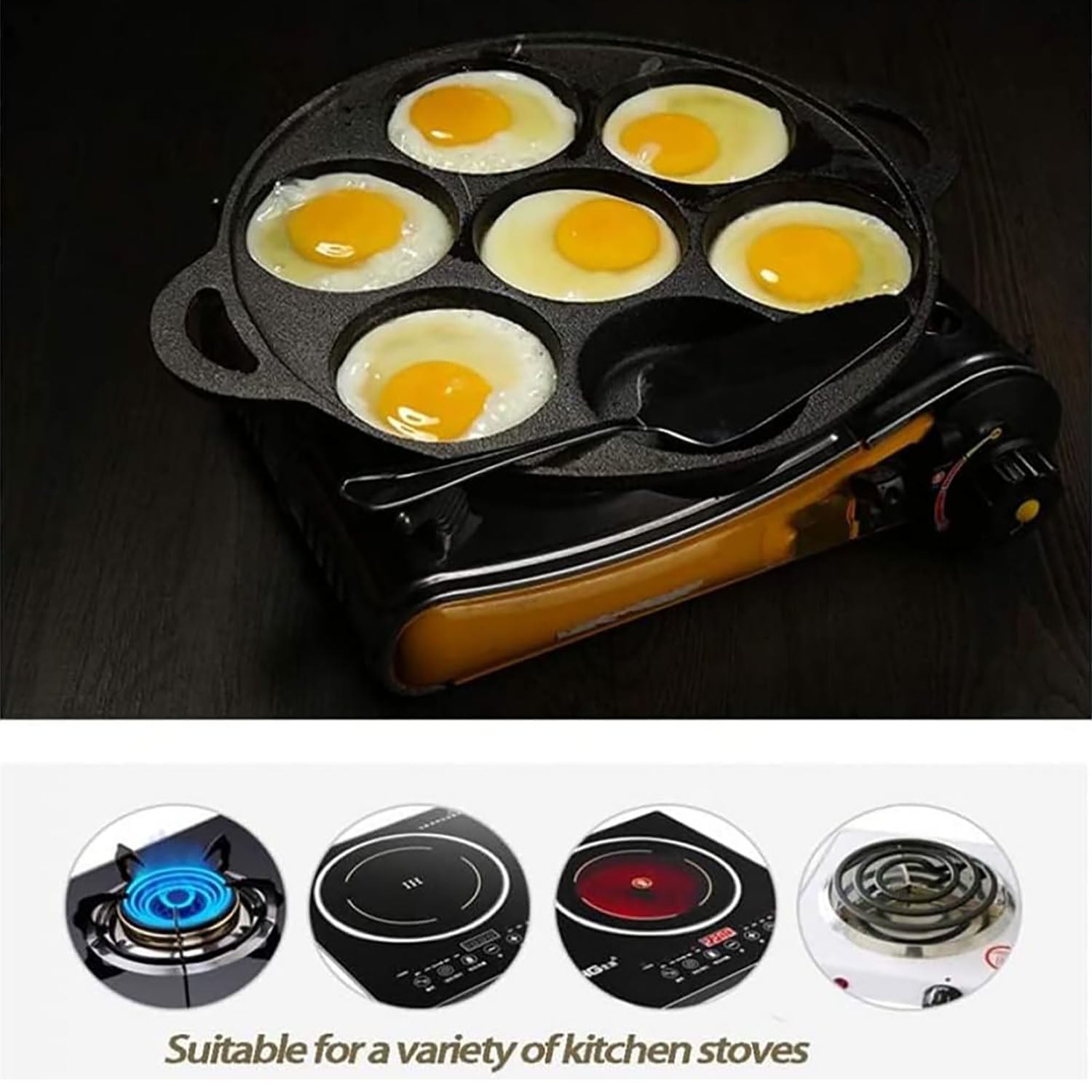 Skillets & Frying Pans: 7 Cup Cast Iron Egg Frying Pan Divided Egg Skillet Pan Fried Egg Pan Cooker Pancake Egg Fryer