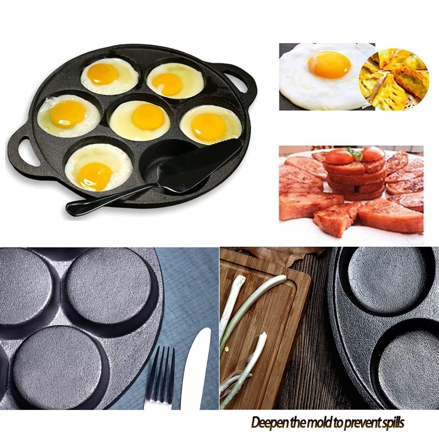Skillets & Frying Pans: 7 Cup Cast Iron Egg Frying Pan Divided Egg Skillet Pan Fried Egg Pan Cooker Pancake Egg Fryer
