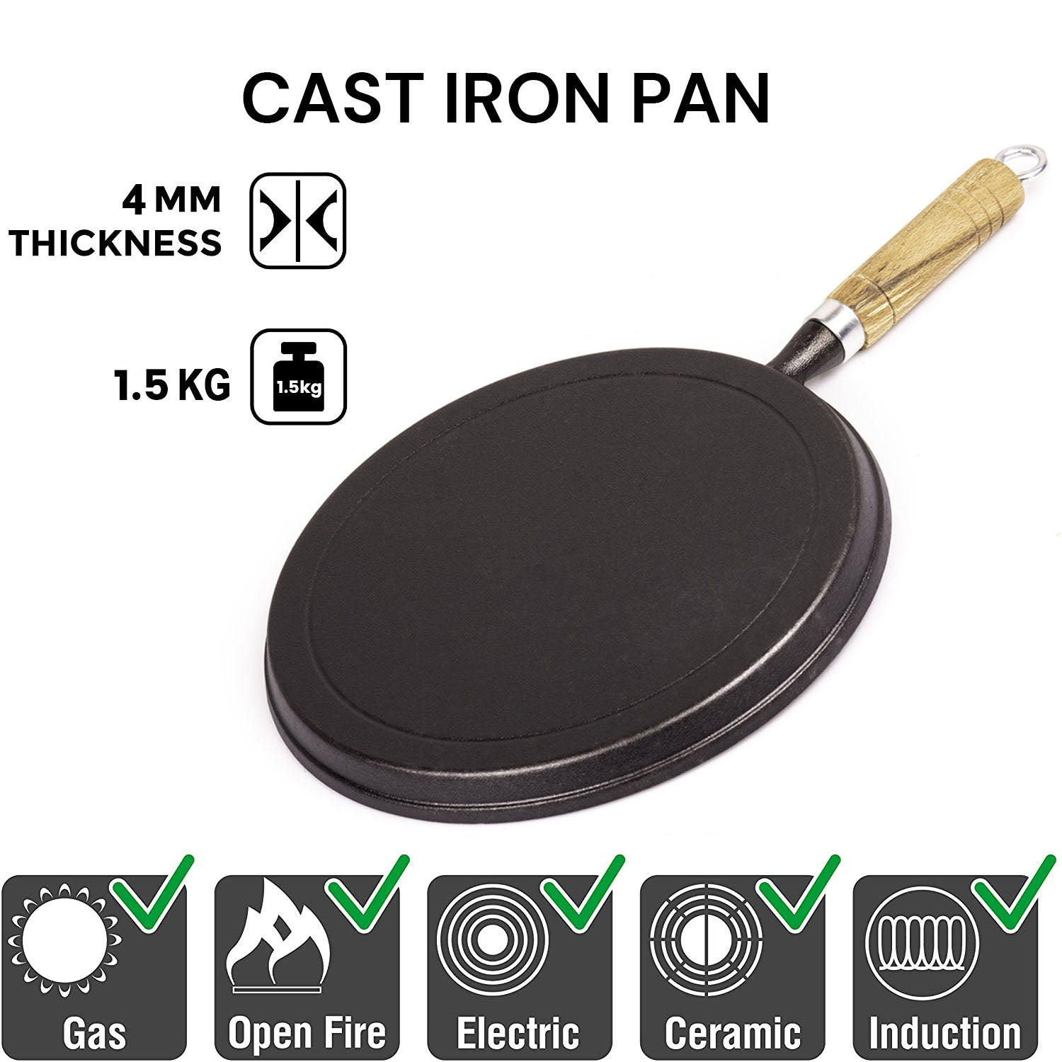 Skillets & Frying Pans: Pre-Seasoned 26cm Cast Iron Fry Pan Cookware Heat-Resistant Wooden Handle