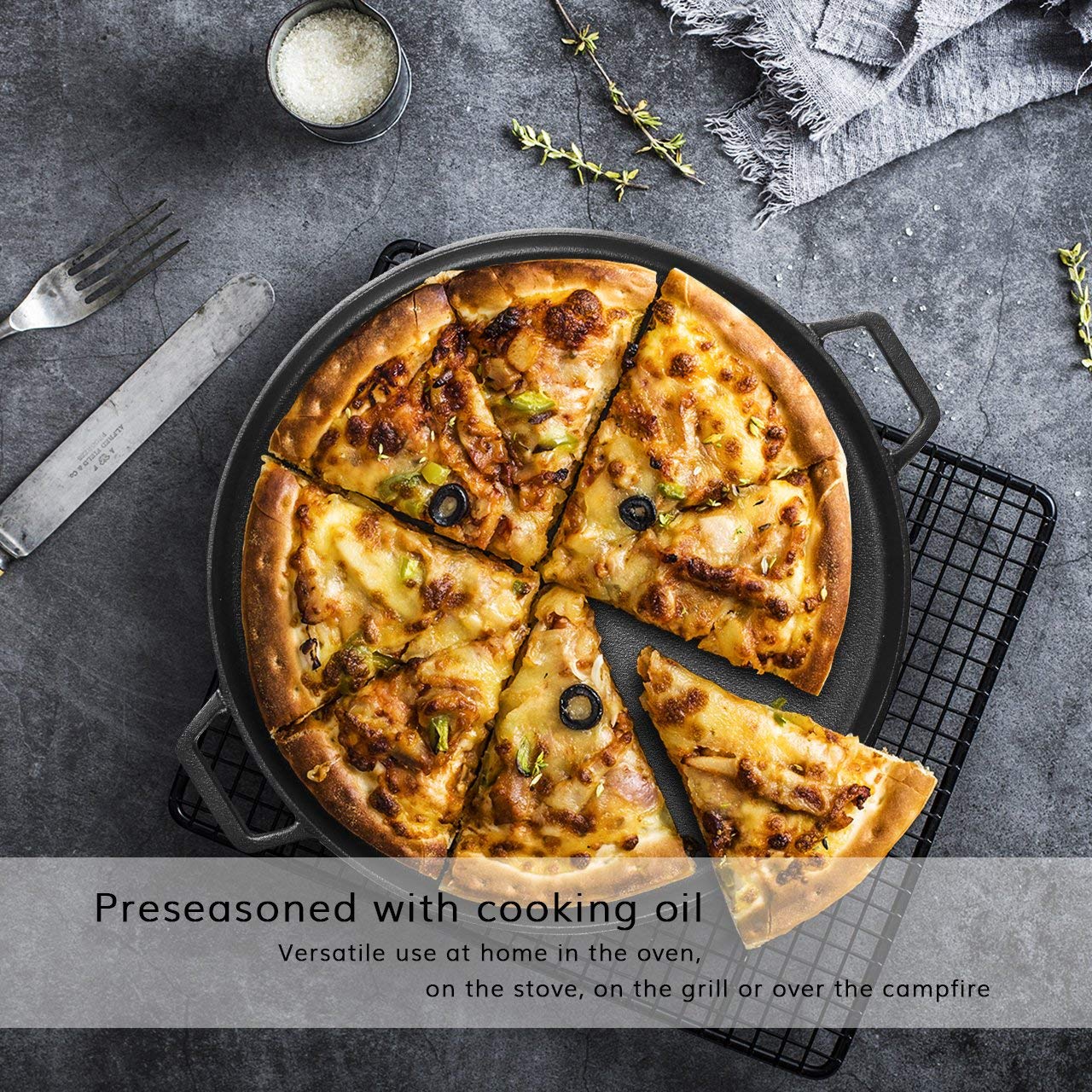 Fire Pits: 13.5" 35cm Pre-Seasoned Cast Iron Pizza Baking Pan Cooking Griddle Stove Oven Grill Campfire
