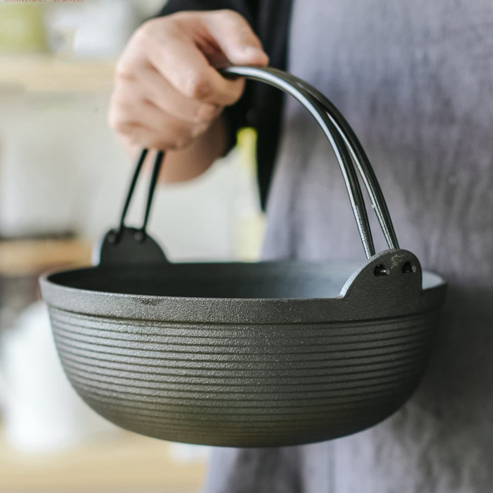 Fire Pits: 29cm Cast Iron Sukiyaki Iron Pot Japanese Shabu Shabu Pot Pan Stockpot Wooden Lid Home Camping Picnic