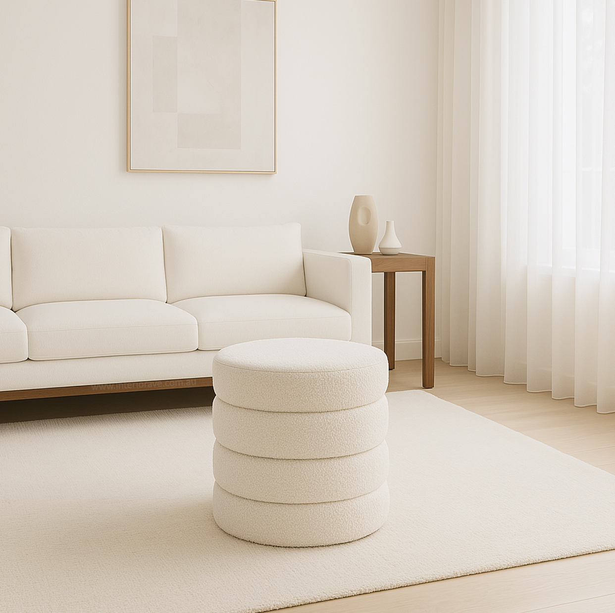 Ottomans & Footstools: Interior Ave - Cleo White Boucle Ottoman