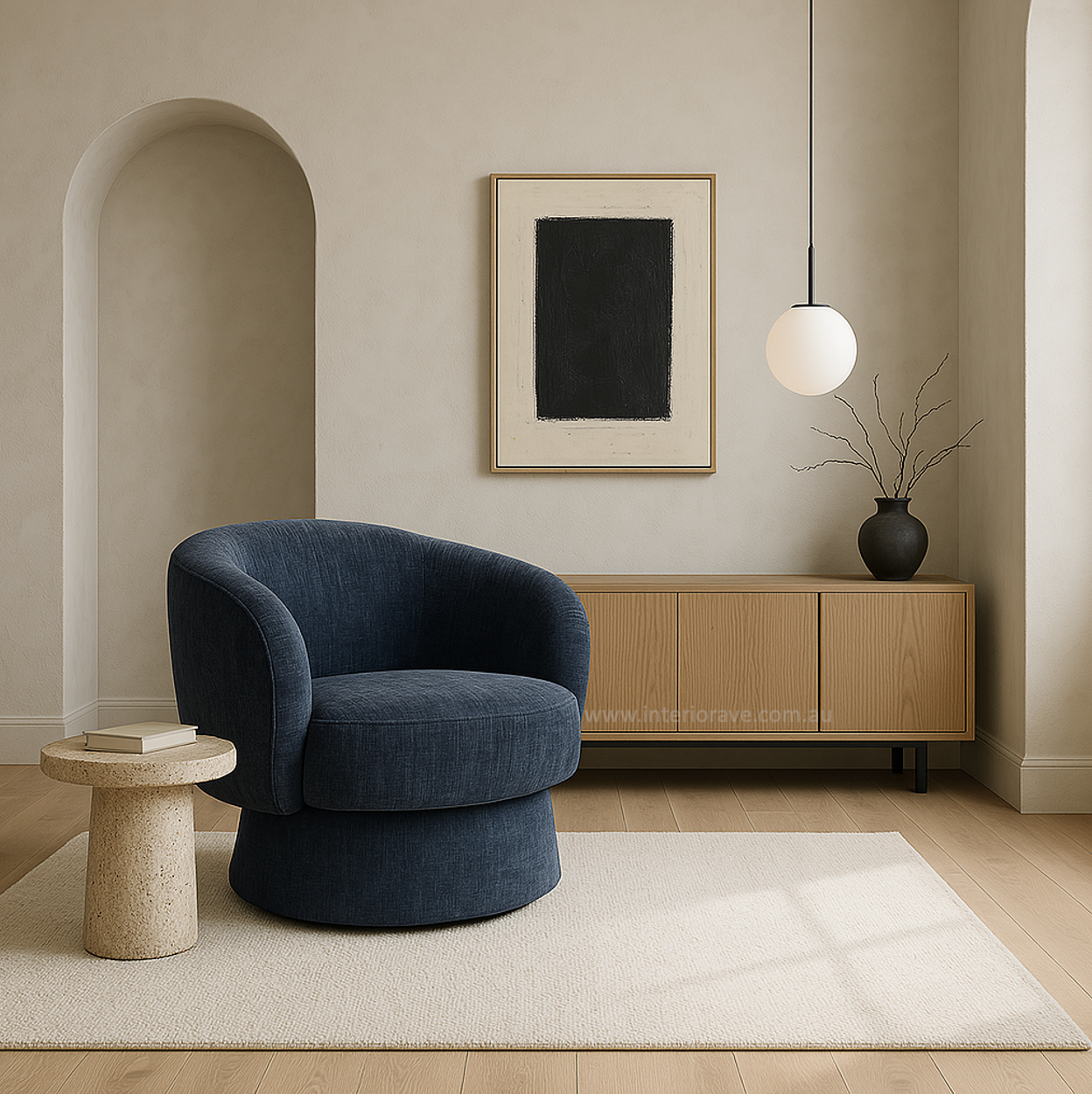 Arm Chairs & Recliners: Interior Ave - Celine Swivel Armchair  Chenille Denim Blue