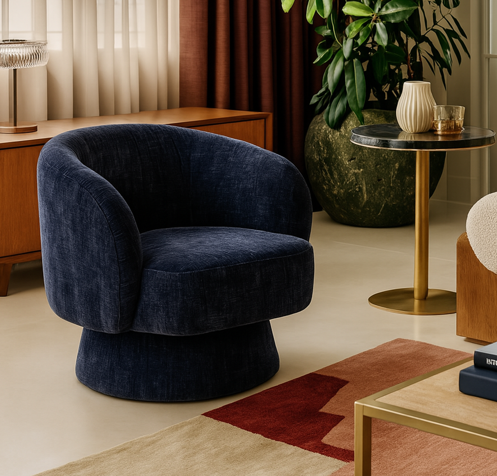 Arm Chairs & Recliners: Interior Ave - Celine Swivel Armchair  Chenille Denim Blue
