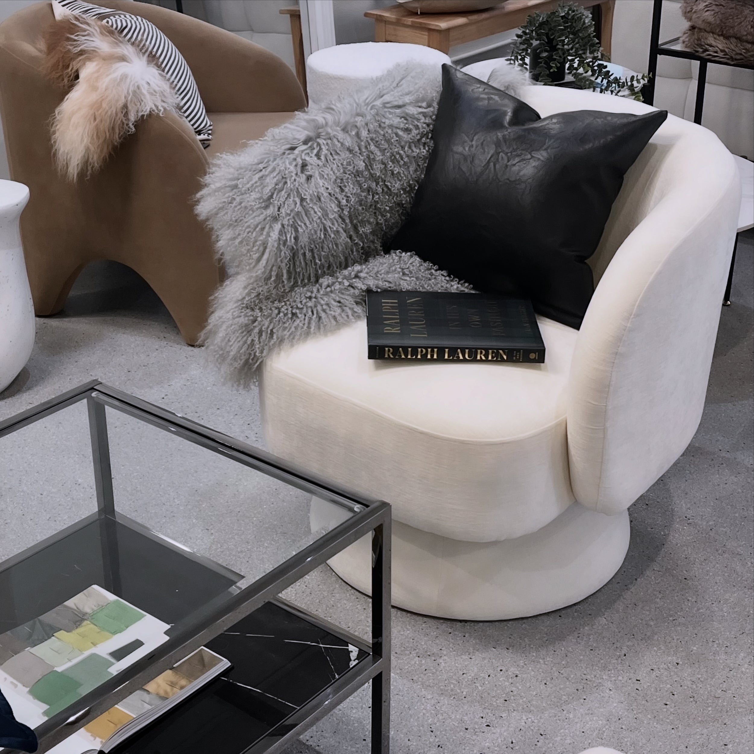 Arm Chairs & Recliners: Interior Ave - Celine Swivel Armchair  Chenille Pearl White