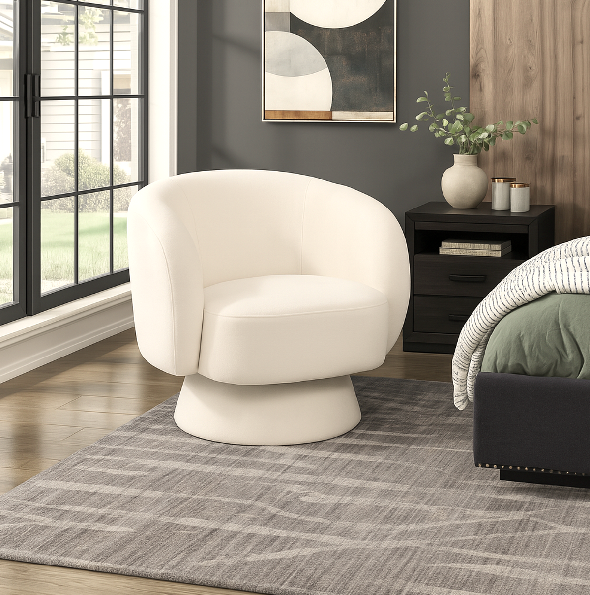 Arm Chairs & Recliners: Interior Ave - Celine Swivel Armchair  Chenille Pearl White