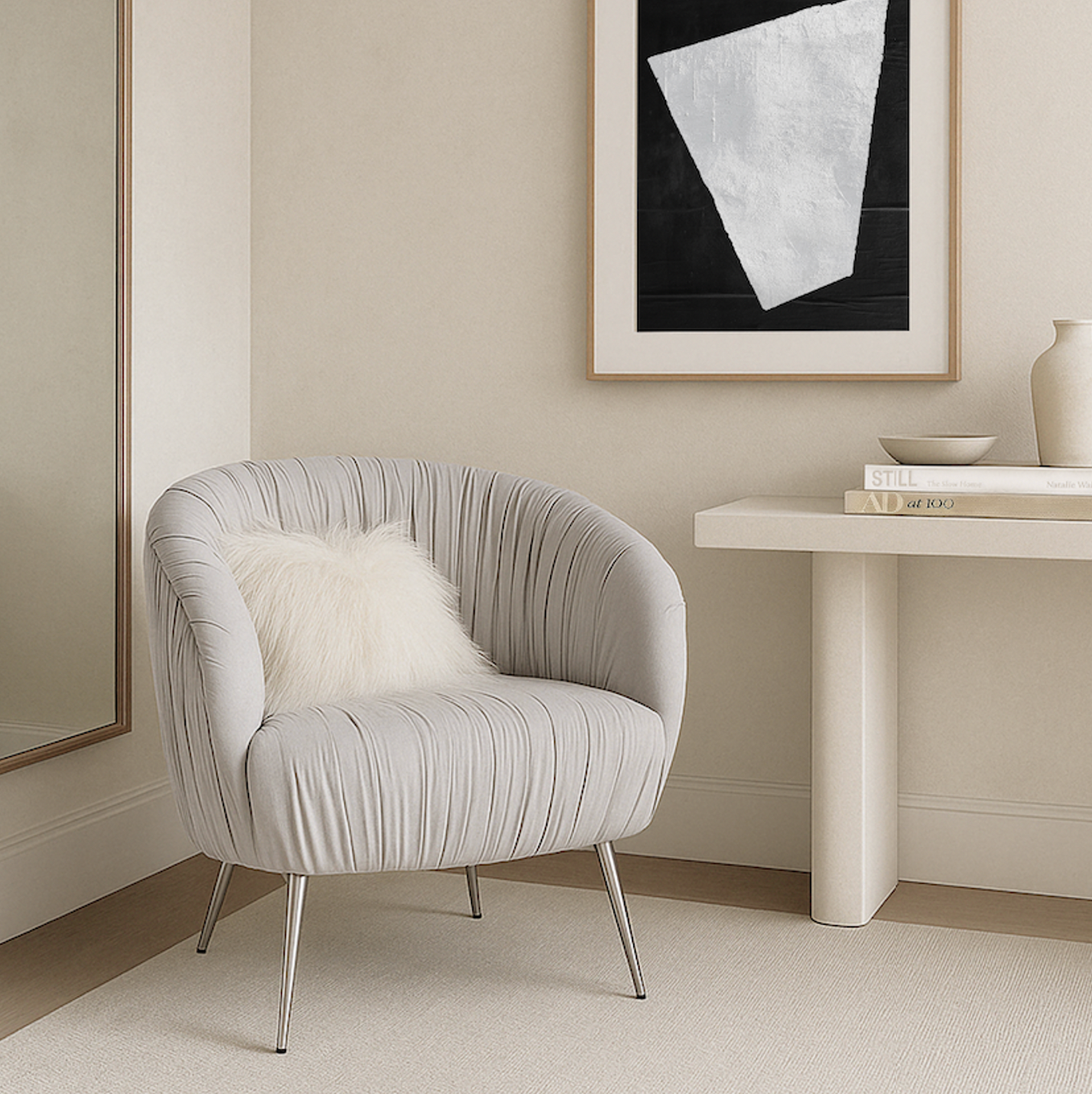 Arm Chairs & Recliners: Interior Ave - Vespa Pleated Velvet Accent Chair  Pearl Grey