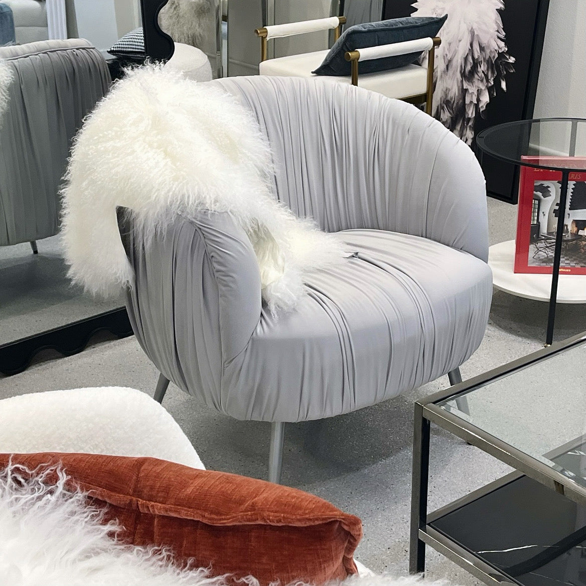 Arm Chairs & Recliners: Interior Ave - Vespa Pleated Velvet Accent Chair  Pearl Grey