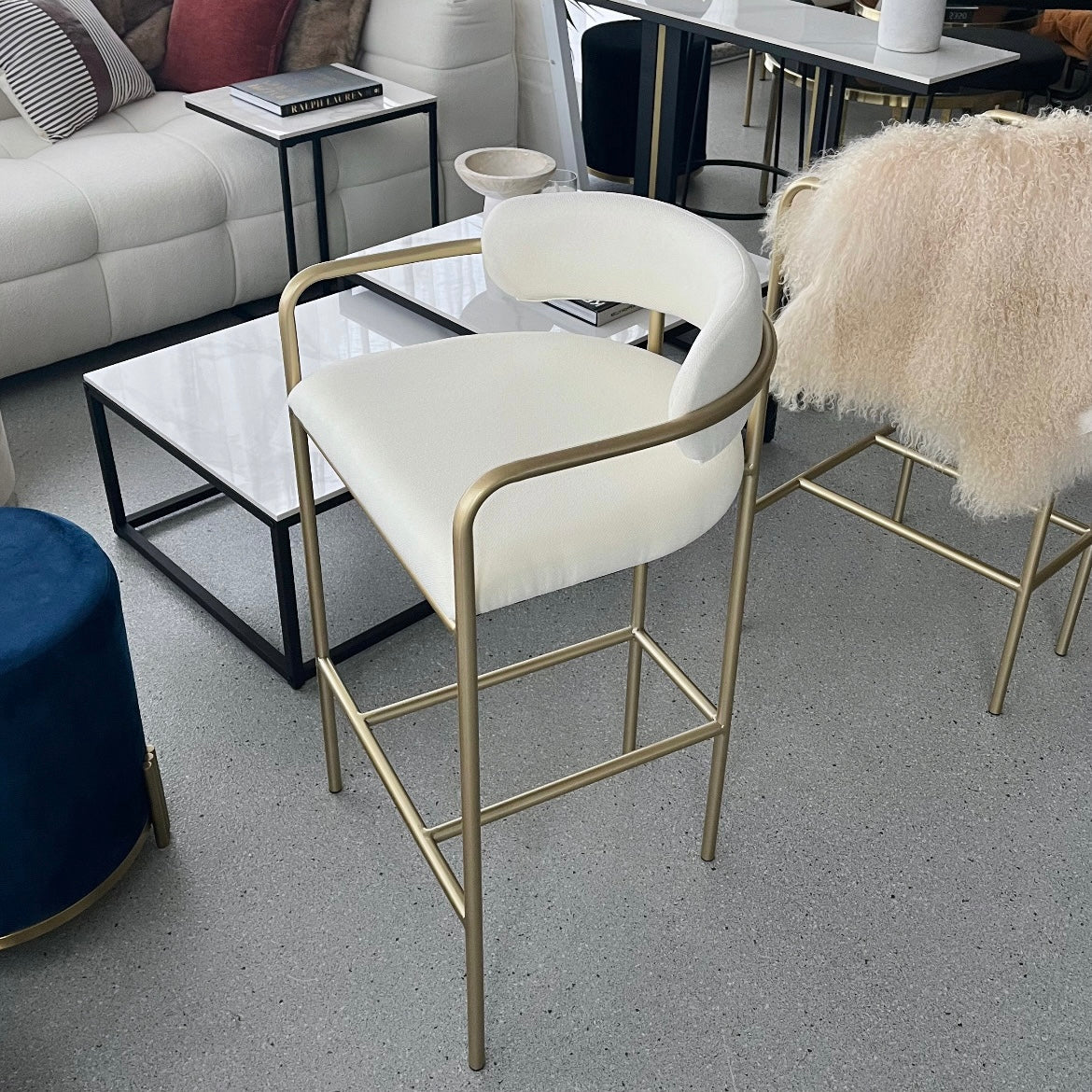 Table & Bar Stools: Interior Ave - Allegra White Linen Kitchen Bar Stool