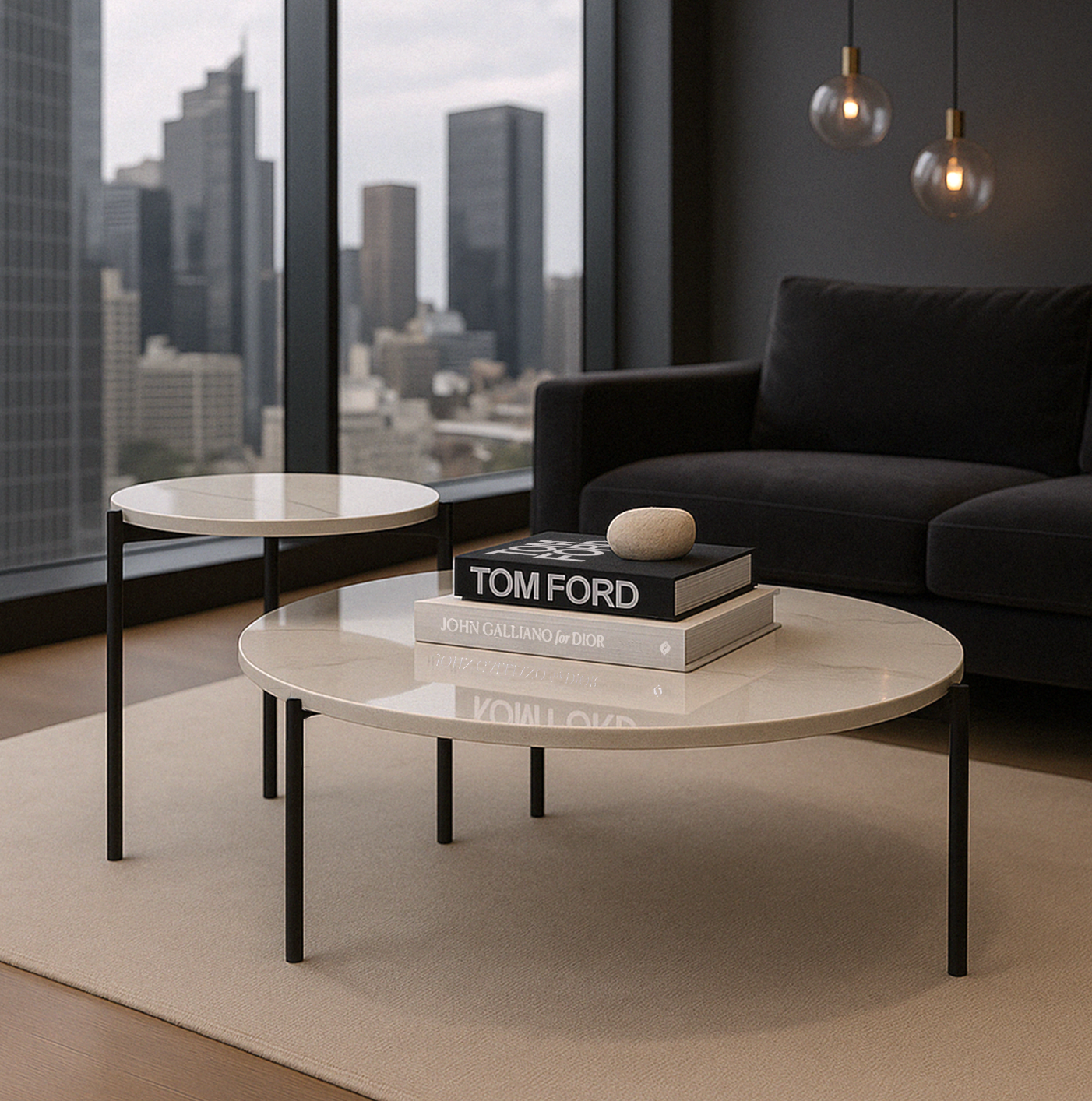 Coffee Tables: Interior Ave - Bianco Nested Coffee Table Set - White Marble Stone