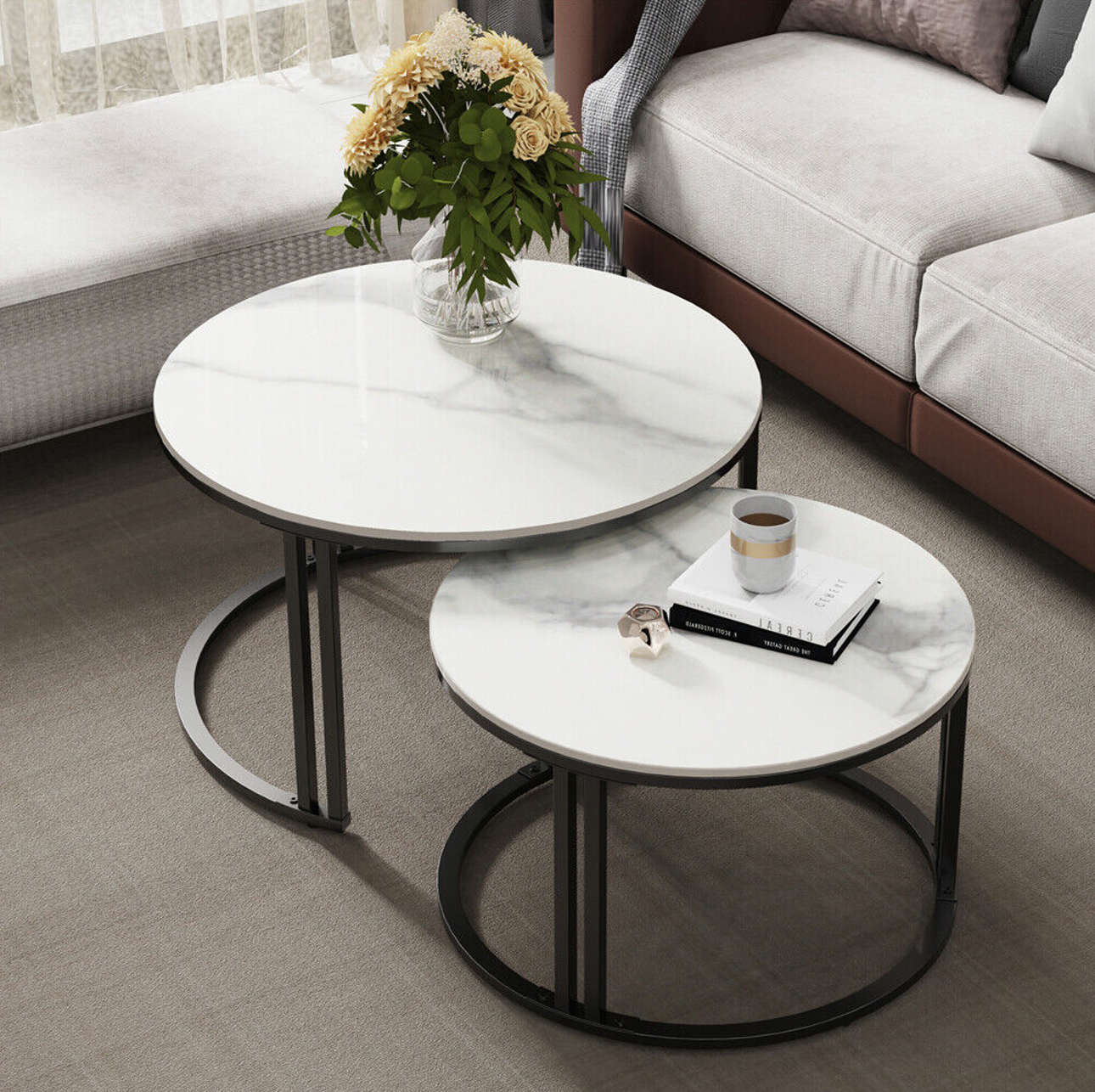 Coffee Tables: Interior Ave - Premier Nested Coffee Table Set - White Marble Stone