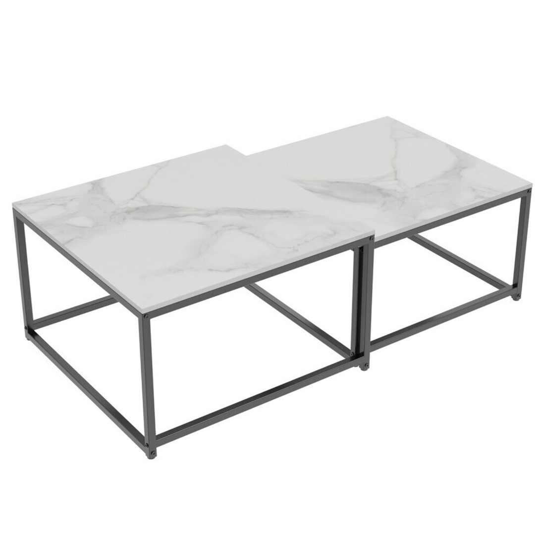Coffee Tables: Interior Ave - Ciest Square Nested Coffee Table Set - White Marble Stone