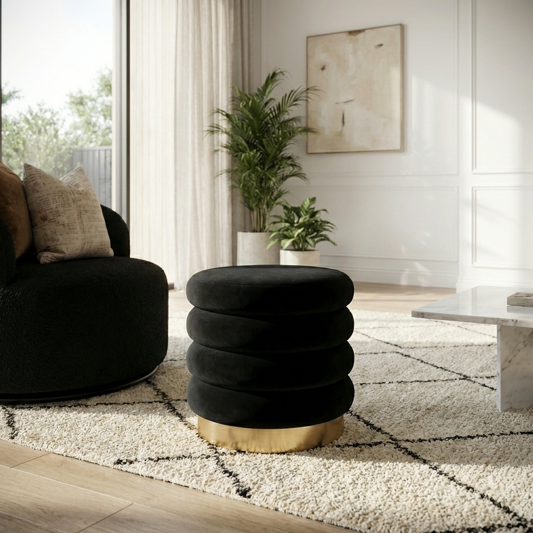 Ottomans & Footstools: Interior Ave - Roma Round Velvet Ottoman / Footstool  Black