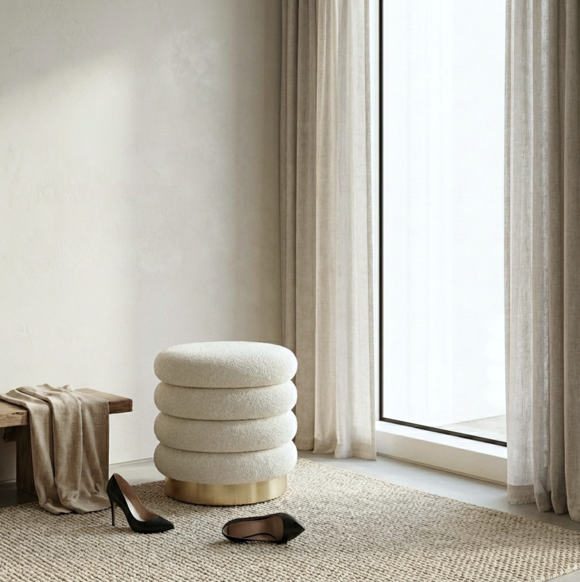 Ottomans & Footstools: Interior Ave - Roma Round Tweed Ottoman / Footstool  Light Grey