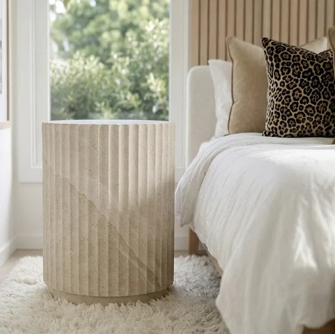 Vera Fluted Stone Side Table - Matte Natural Stone