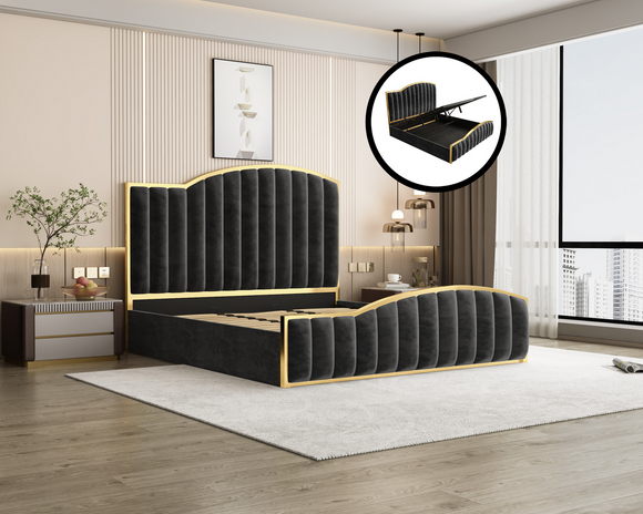Elegant Bedding Charcoal Color King Size Luxury Bedframe with Gas Lift Storage Velvet Fabric Golden Trim