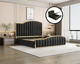 King Size Elegant Luxury Bedframe with Gas Lift Storage Charcoal Velvet Fabric Golden Trim