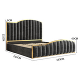 King Size Elegant Luxury Bedframe with Gas Lift Storage Charcoal Velvet Fabric Golden Trim