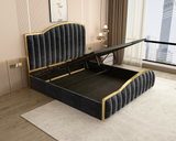 King Size Elegant Luxury Bedframe with Gas Lift Storage Charcoal Velvet Fabric Golden Trim