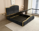 Elegant Bedding Charcoal Color King Size Luxury Bedframe with Gas Lift Storage Velvet Fabric Golden Trim