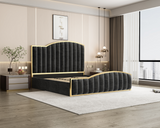 Elegant Bedding Charcoal Color King Size Luxury Bedframe with Gas Lift Storage Velvet Fabric Golden Trim