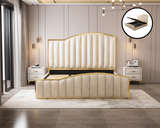 Elegant Bedding Luxury King Size Bedframe in Beige with Gas Lift Storage Velvet Fabric Golden Trim
