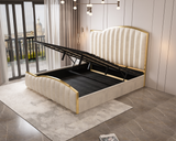 Elegant Bedding Luxury King Size Bedframe in Beige with Gas Lift Storage Velvet Fabric Golden Trim