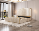 Elegant Bedding Luxury King Size Bedframe in Beige with Gas Lift Storage Velvet Fabric Golden Trim