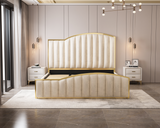 Elegant Bedding Luxury King Size Bedframe in Beige with Gas Lift Storage Velvet Fabric Golden Trim
