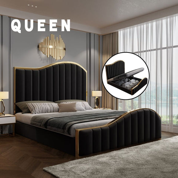 Elegant Bedding Queen Size Black Velvet Fabric Golden Metal Storage Luxury Bedframe